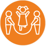 Circular Orange and White Graphic. Two individuals are outlined in white, holding a jump rope. There is a little girl, outlined in white who is jumping the rope.