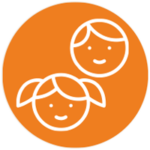 Circular Orange and White Graphic. Two white-outlined children's faces are presented, both a girl and a boy.