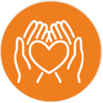 Circular Orange and White Graphic. Two white-outlined hands are opened up, holding a white outline of a heart in between them both.