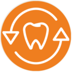 Circular Orange and White Graphic. Two white arrows are making a circular shape, and in the center is a white outline of a tooth against the orange background.