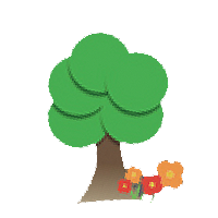 Tree Graphic: Green tree with a brown stump and a few flowers presented on the bottom right of the image, at the foot of the tree.