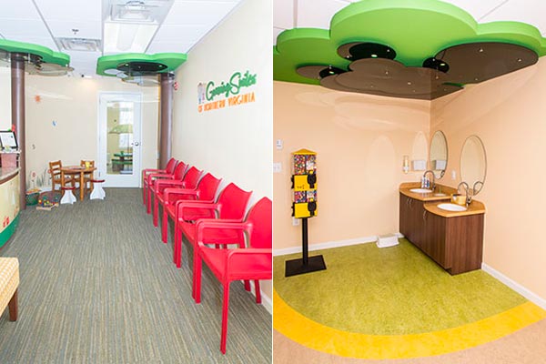 This image is split into two sections. On the left is a patient waiting room, equipped with red chairs as well as mini wood chairs for children. To the right is an image of two sinks with mirrors and a candy machine for post-dental work. Both images have an interior design that is outdoorsy and innovative.