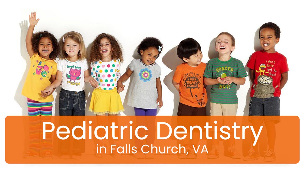 Seven young children lined up, of all races and ethnicities, all smiling and laughing. Title at the bottom of the image reads, "Pediatric Dentistry in Falls Church, VA".